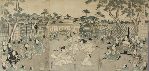 Systrar som hämnas sin fars död; ur kabukipjäsen "Shiraishi" av Keisai Eisen