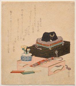 Stilleben med en keramisk klappoxe (Nade-ushi) av Keisai Eisen