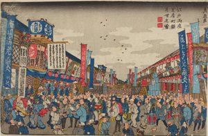 Folkmassa framför teatrarna på Shibaimachi-gatan / Bild av Kaomise-teatrarna i Edo, Shibaimachi av Keisai Eisen