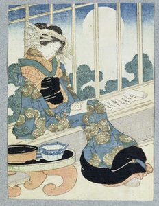 Japanese Lady Reading by Moonlight (träblocktryck) av Keisai Yeisen
