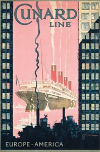 Affischreklamresor från Europa till Amerika med rederiet Cunard Line, ca. 1925 (färglitografi)