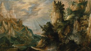 Ett bergigt landskap med ett vattenfall, ca. 1600.
