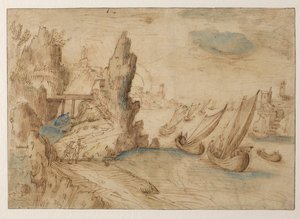Fantasifullt kustlandskap med fiskefartyg, 1575-1633