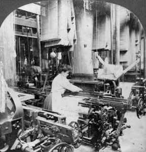 Vävning av linnetyg, Montreal, Kanada, tidigt 1900-tal