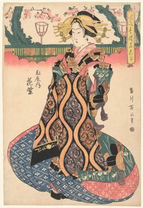 Courtesan Hanamurasaki från Tamaya-huset Tamaya uchi Hanamurasaki (titel på objekt) Berömda blommor från de raffinerade nöjeshusen (serietitel) Furyu seiro meika awase (serietitel på objekt)