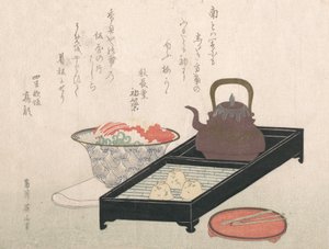 Redskap för te och en kakskål, 1800-talet. av Kikugawa Eizan