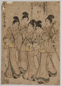 Unga kvinnor med musikinstrument, 1787-1867. av Kikugawa Eizan