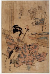 Konst japan: musiker. Tryck av Eizan Kikugawa (1787-1867) Rennes från 1700-talet, Musee des Beaux Arts