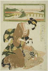 Evening Glow at Seta (Seta sekisho), från serien "Fashionable Eight Views of Omi (Furyu Omi hakkei)" av Kikukawa Eizan
