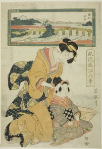 Evening Glow at Seta (Seta sekisho), från serien "Fashionable Eight Views of Omi (Furyu Omi hakkei)" av Kikukawa Eizan