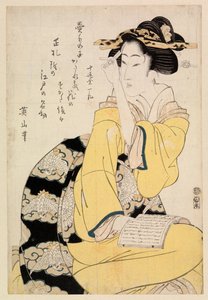 Sittande kurtisan med en bok, ca 1804-29 (träsnitt i färg)