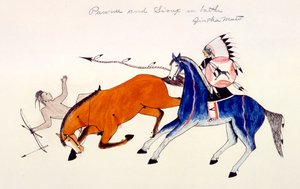 Unhorsing of a Pawnee warrior av Dakota Sioux warrior Zintka Mato Dog Bear, c1889-1927.