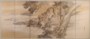 Sexfaldig skärm föreställande en drickande tiger, 1749-1838