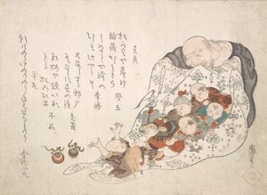 Hotei öppnar sin väska som är full av små pojkar, ca. tidigt 1800-tal. av Kita Busei