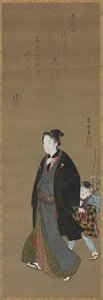 Man promenerar med en pojke som bär blommande gren, ca. 1810. av Kitagawa Fujimaro