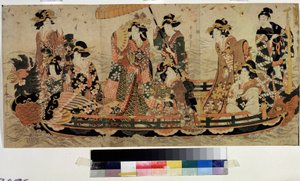 Beundra körsbärsblommorna (Hanami) (Cherry Blossom Viewing, Hanami). Tryck av Kitagawa Utamaro II (?-1831). Färgetsning, 37 x 76 cm. österländsk konst. Pushkin-museet, Moskva