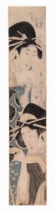 Två kurtisaner, en med sakekopp, ca 1795-1804 (träsnitt i färg) av Kitagawa Kikumaro