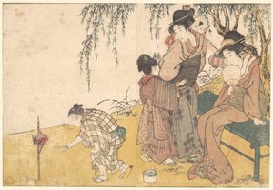 Ett barn som tänder fyrverkerier, ur den illustrerade boken Blommor från de fyra årstiderna av Kitagawa Utamaro