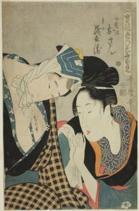 Ett prov på skicklighet - älskvärdhetens källflöden (Jitsu kurabe iro no minakami): Osan och Mohei (träsnitt i färg; oban) av Kitagawa Utamaro