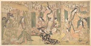 En vy över Taikos och hans fem hustrurs nöjen i Rakutō av Kitagawa Utamaro