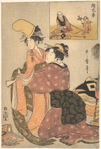 En kvinna klär en flicka för kabukidansen ”Musume Dōjōji”, med en ”syskonbild” (E-kyōdai) av en apdressör av Kitagawa Utamaro