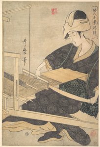 En vävande kvinna, sittande vid en handvävstol av Kitagawa Utamaro