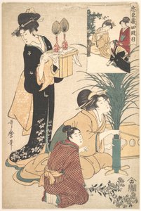 En kvinna och en man arrangerar blommor för Tsukimi (månfesten) av Kitagawa Utamaro