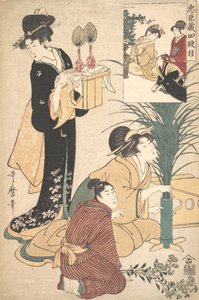 En kvinna och en man som arrangerar blommor för Tsukimi Moon Festival, 1802. av Kitagawa Utamaro