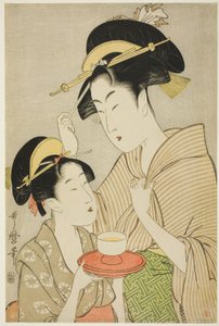 En ung flicka som erbjuder te till en annan kvinna av Kitagawa Utamaro