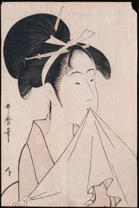 Ett bystporträtt av Okita av Naniwaya som håller en handduk i tänderna och sträcker ut tyget av Kitagawa Utamaro