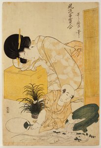 En mamma slumrar medan hennes barn välter en fiskskål, från serien "Comparison of Fashionable Children" av Kitagawa Utamaro