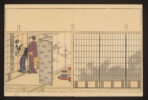 En fest i ett hus med två kvinnor till vänster av Kitagawa Utamaro