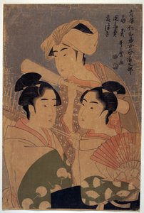 Artists of the Niwaka Festival - The Niwaka Performers av Utamaro, Kitagawa (1753-1806), ca. 1795 - Färgträsnitt, 38,6x25,7 - Privat samling av Kitagawa Utamaro
