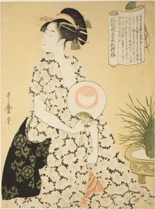 Beauty Wearing a Summer Kimono, från serien "New Patterns of Brocade Woven in Utamaro Style" ("Nishiki-ori Utamaro-gata-shinmoyo") av Kitagawa Utamaro