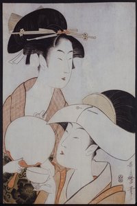 Bystporträtt av två kvinnor, den ena håller en fläkt, den andra med ett huvudskydd som håller en tekopp av Kitagawa Utamaro