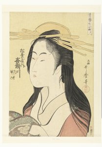 Bystporträtt av kurtisan Kisegawa från Matsubaya-huset. Matsubaya uchi Kisegawa (titel på objekt) De sju Komachi från nöjeshusen (serietitel) Seiro nana Komachi (serietitel på objekt) av Kitagawa Utamaro