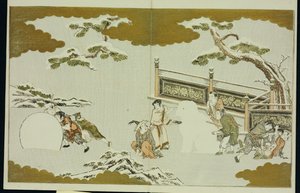 Barn som gör en snöshishi och rullar en snöboll, från "The Silver World" av Kitagawa Utamaro
