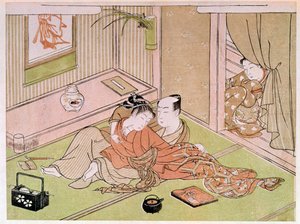 Par som smeker under blicken av det japanska trycket för tjänarinnan av Utamaro Kitagawa (1753-1806). 1700-talet. Paris, Guimet-museet, Nationalmuseet för asiatisk konst av Kitagawa Utamaro
