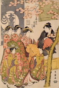 Courtesaner som promenerar under körsbärsträden före Daiko, ca 1789 (oban tate-e träblockstryck, färg på papper) (detalj av 203664) av Kitagawa Utamaro