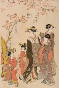 Courtesaner som promenerar under körsbärsträd, ca 1789 (träblockstryck) (detalj av 203664) av Kitagawa Utamaro