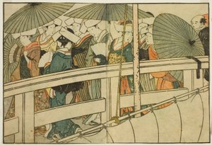 Crossing a Bridge in Summer, från den illustrerade boken "Picture Book: Flowers of the Four Seasons (Ehon shiki no hana)," vol. 1 av Kitagawa Utamaro