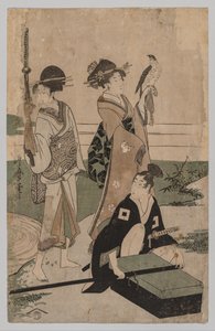 Daimyō och hans följe korsar en bäck i slätten nära Fuji av Kitagawa Utamaro