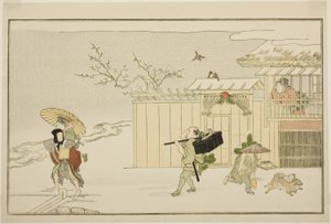 Leverera nyårspresenter i snön, från den illustrerade kyoka-antologin "The Young God Ebisu (Waka Ebisu)" av Kitagawa Utamaro