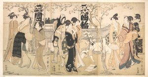 Visning av skatter vid Mimeguri-helgedomen (Mimeguri jinja no onkaichō) av Kitagawa Utamaro