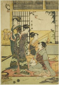 Trummor och Shamisen (trätryck i färg; aiban) av Kitagawa Utamaro