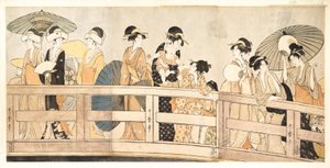 Njuter av den svala kvällsbrisen på och under bron av Kitagawa Utamaro