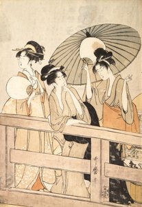 Njuter av den svala kvällsbrisen på och under bron, ca. 1800. av Kitagawa Utamaro