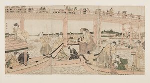 Fiskebåtar med nät under Ry?goku-bron (träblock i färg) av Kitagawa Utamaro