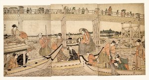 Fiskebåtar med nät under Ryōgoku-bron av Kitagawa Utamaro