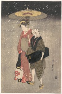 Geisha som går genom snön på natten av Kitagawa Utamaro